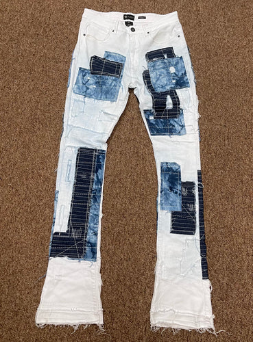 WM| White/Baby blue denim patch pants(Stacked)