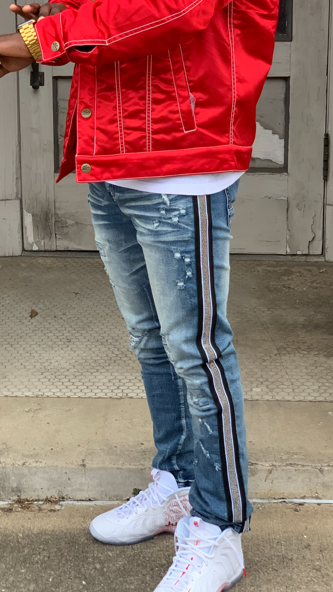 Blue jean with red 2025 stripe